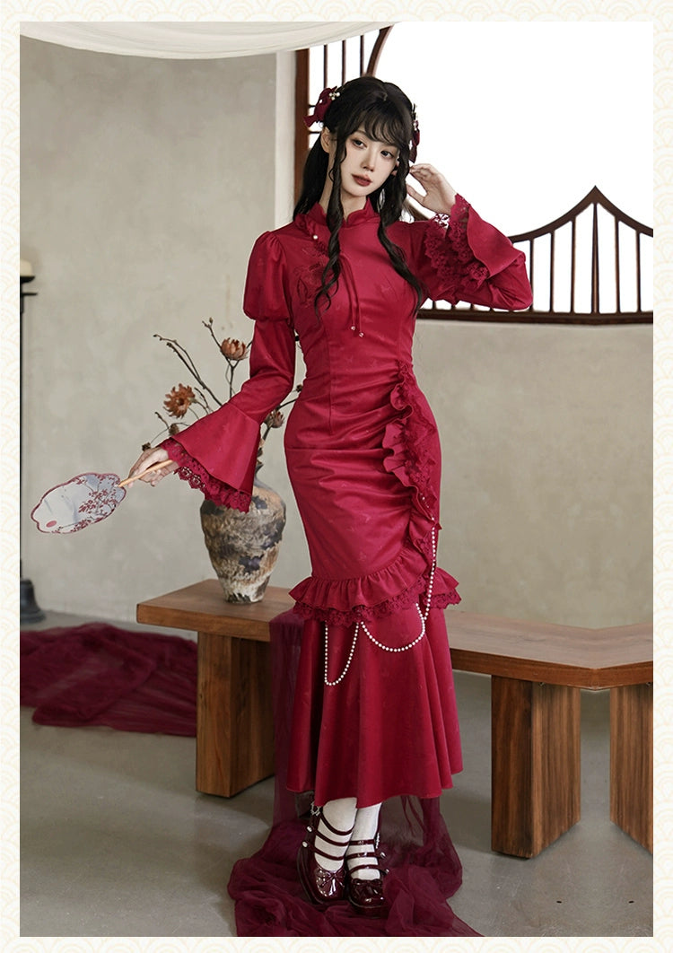 紅蝶 バタフライ刺繍のチャイナ風ドレス