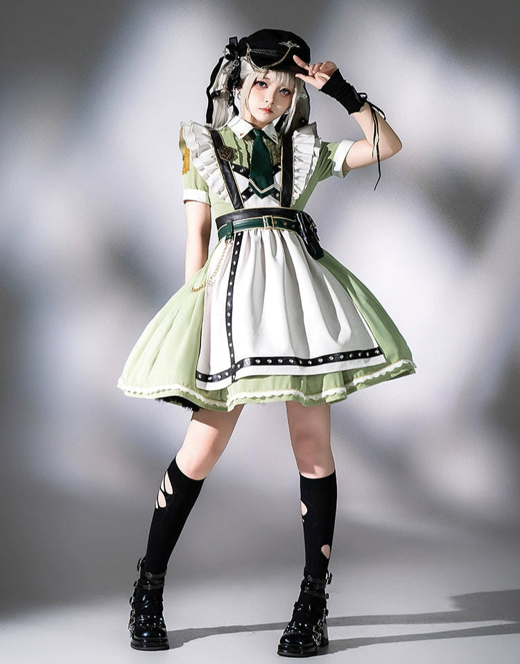 【受注予約5/22まで】少女兵器 エプロン付きワンピースセット・グリーン