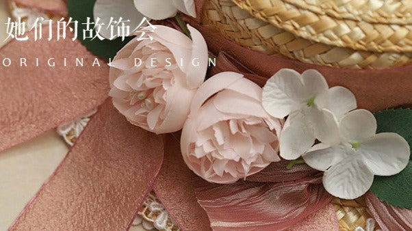 Flower and ribbon straw hat 11 colors