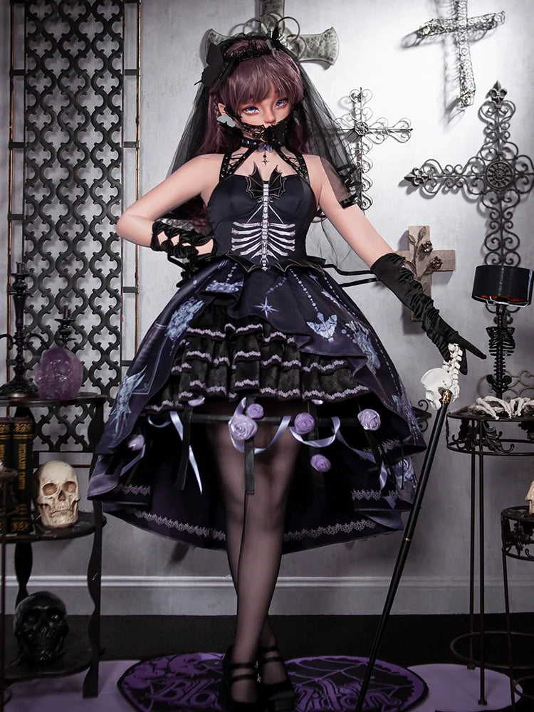 [Pre-order] Bat Wings skeleton pattern jumper skirt and purple rose crinoline