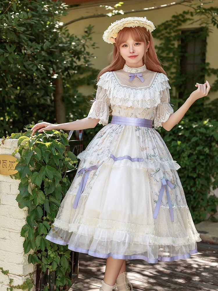Four Seasons Inflorescenceラベンダーカラー半袖ワンピース