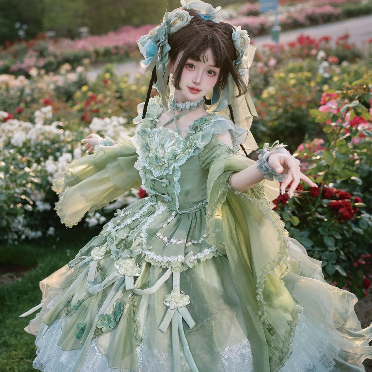 【受注予約6/28まで】瑠璃花霞 華ロリドレス・蒹葭（グリーン）