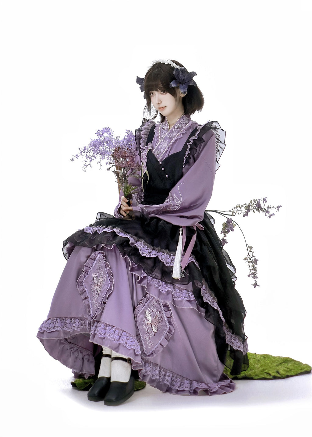 蝶と蘭のエプロン付華ロリワンピース