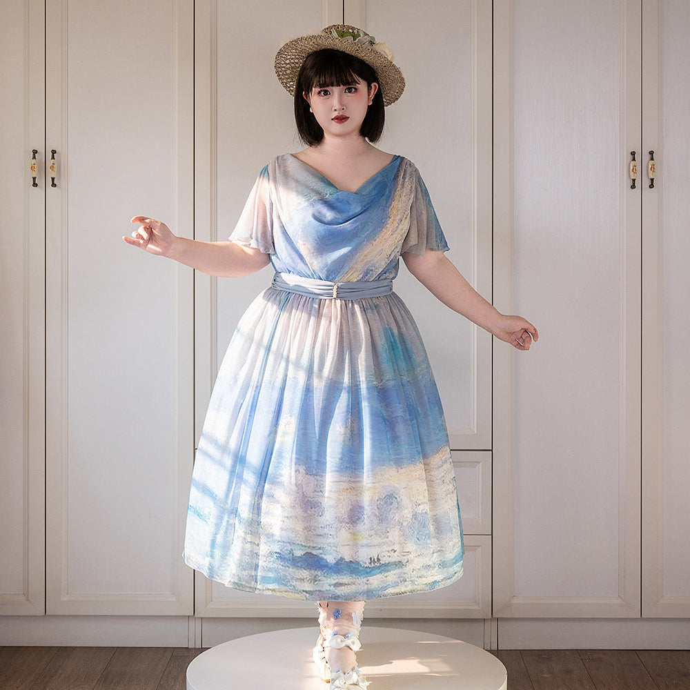 【予約販売】Elegance Greek 油彩画風プリントフレアスリーブジャンパースカート・新色