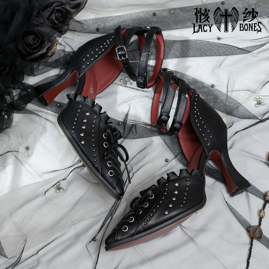 【Twilight Stud Vow】鋲×レース ダークゴシックポインテッドトゥパンプス
