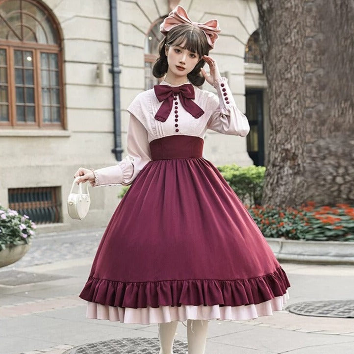 Rose red fake two-piece style dress