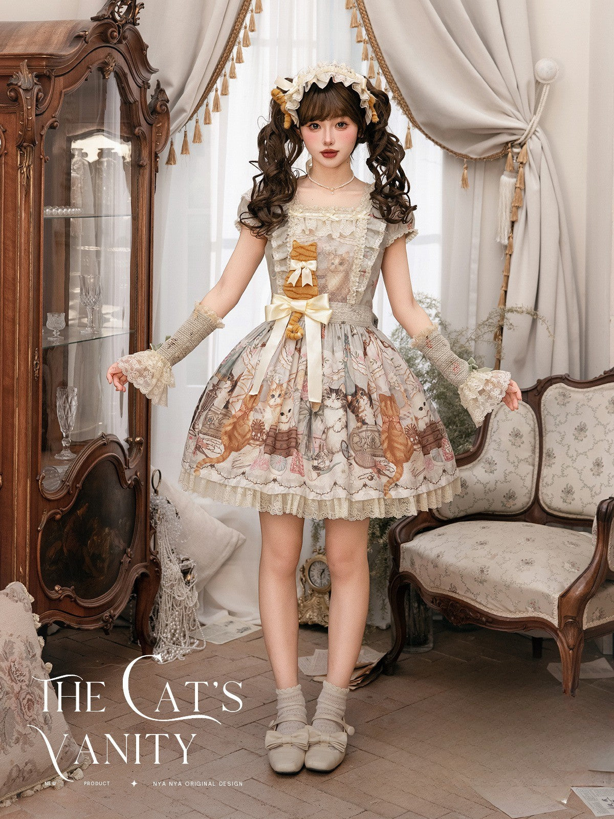 【受注予約7/7まで】The Cat's Vanity 猫柄スクエアネックワンピース・ショート丈