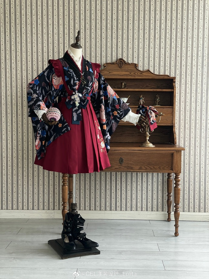手毬刺繍の袴風サスペンダースカート