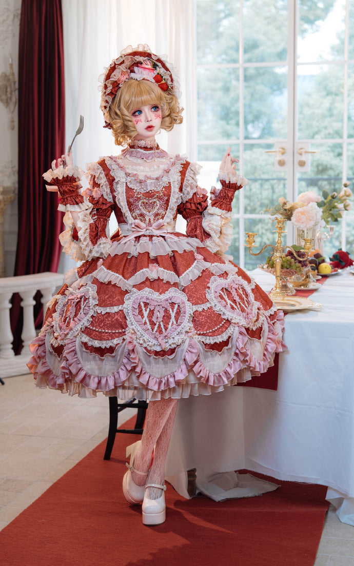 [Pre-orders available until 2/12] Antique Cake Heart Lolita Dress - Red