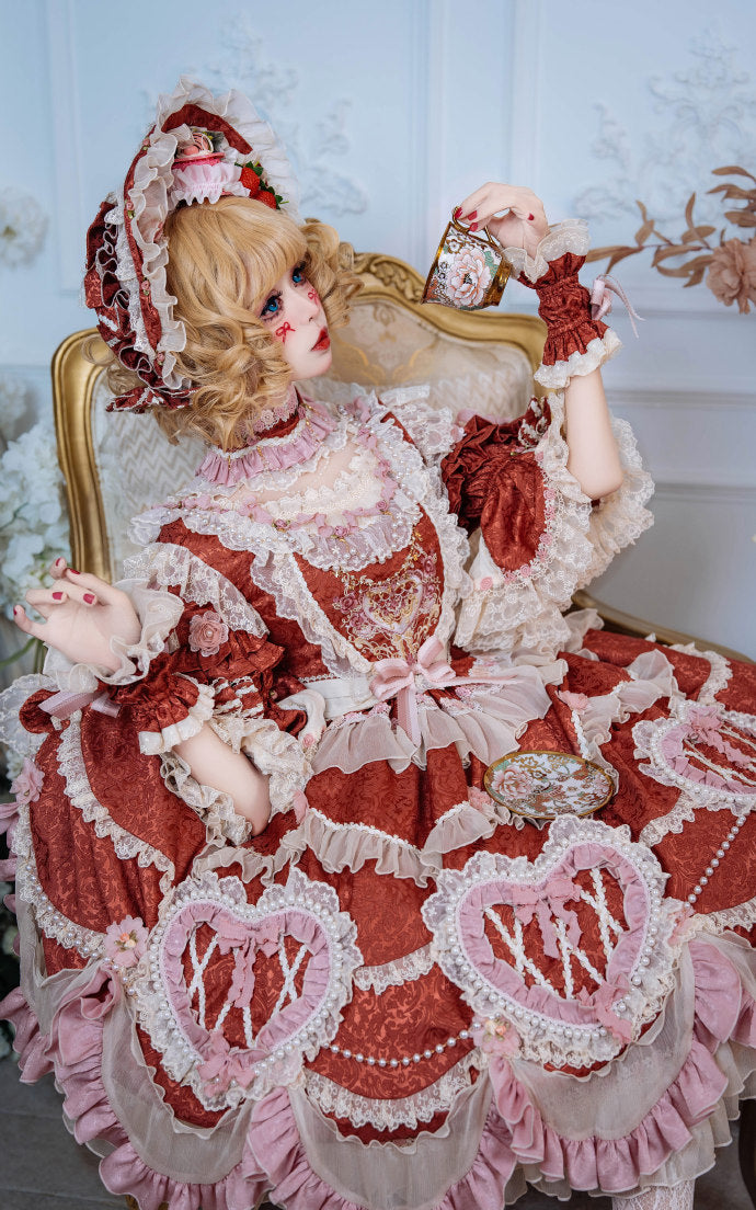 [Pre-orders available until 2/12] Antique Cake Heart Lolita Dress - Red