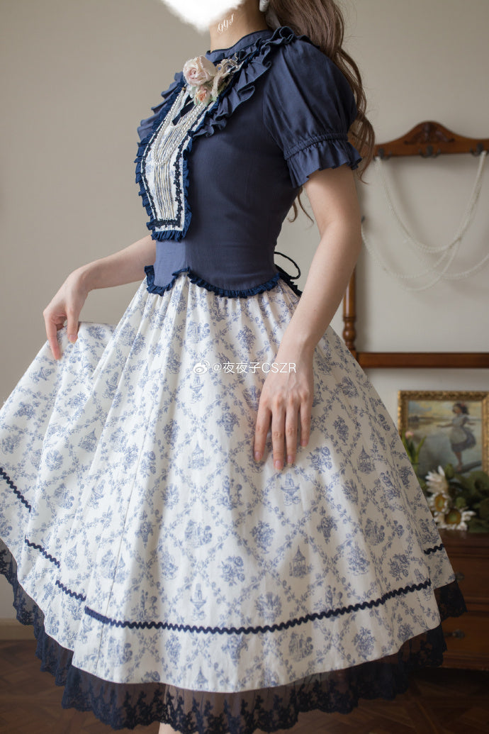 【受注予約7/16まで】花影の午後 くすみカラーの小花プリント切替ワンピース