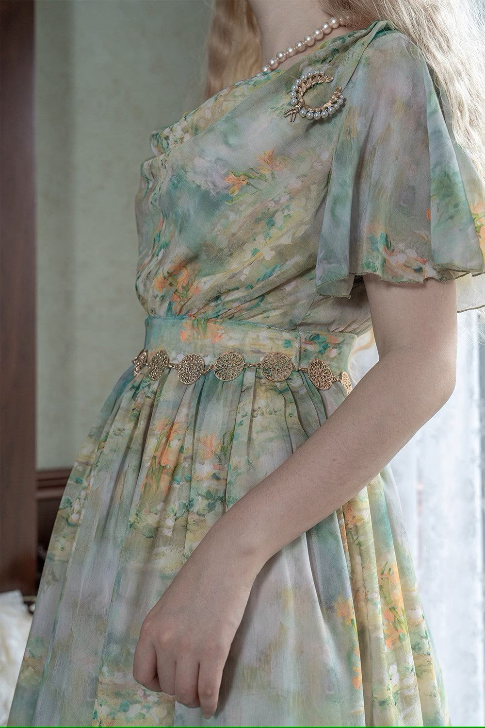 【予約販売】Elegance Greek 油彩画風プリントフレアスリーブジャンパースカート