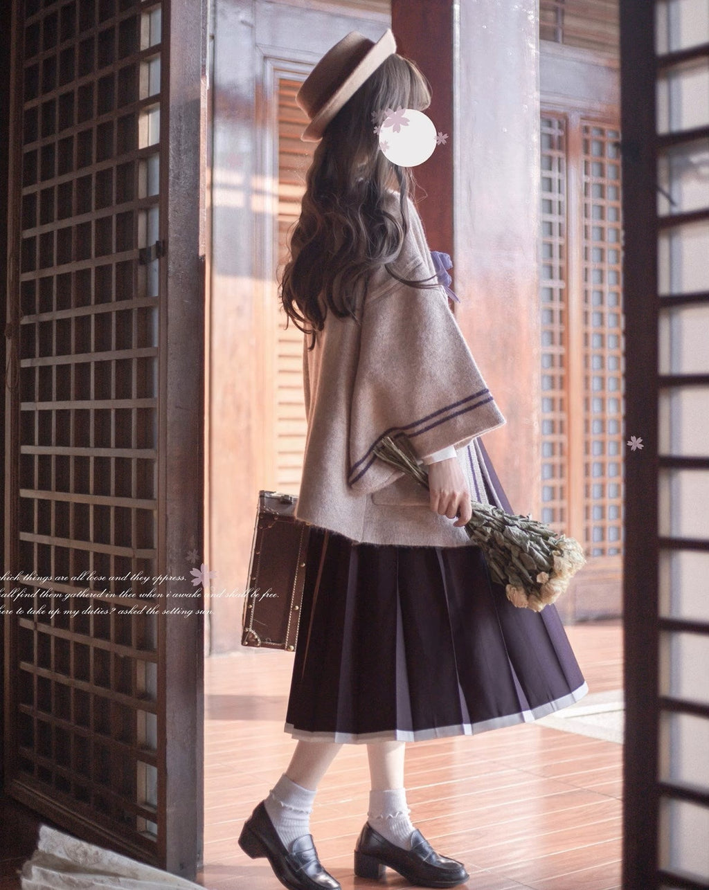 Japanese-style deep purple jumper skirt and blouse, haori, ribbon tie, corsage only