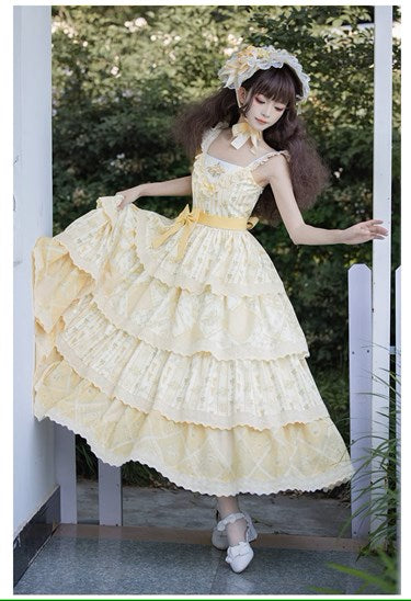 【予約販売】クリームイエローのフローラルジャンパースカート