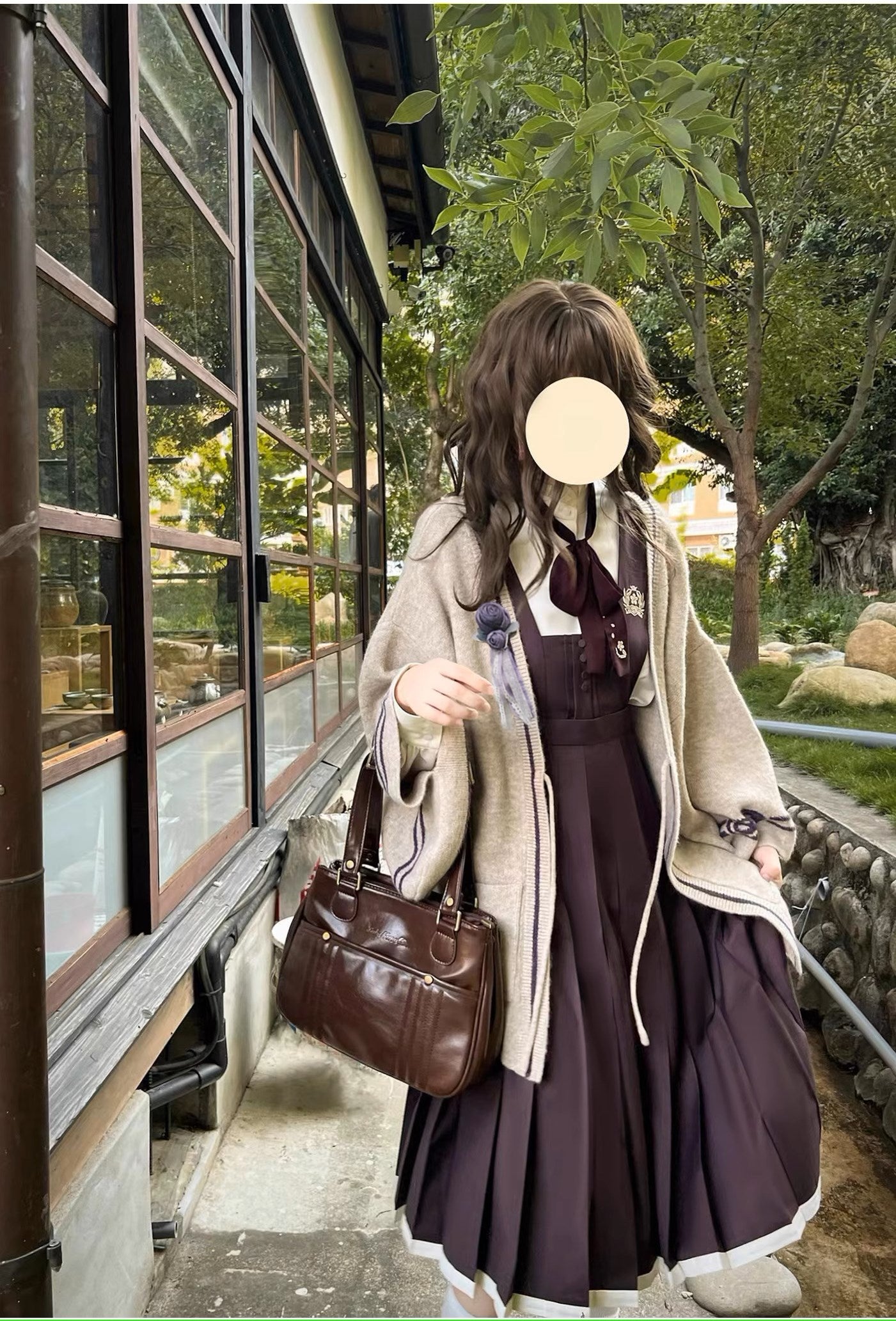 和風深紫のジャンパースカートと羽織・ブラウスセット