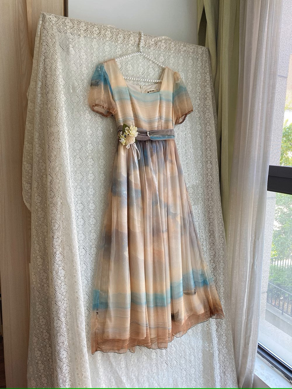【予約販売】Elegance Greek 油彩画風プリントエンパイアワンピース フリルなし