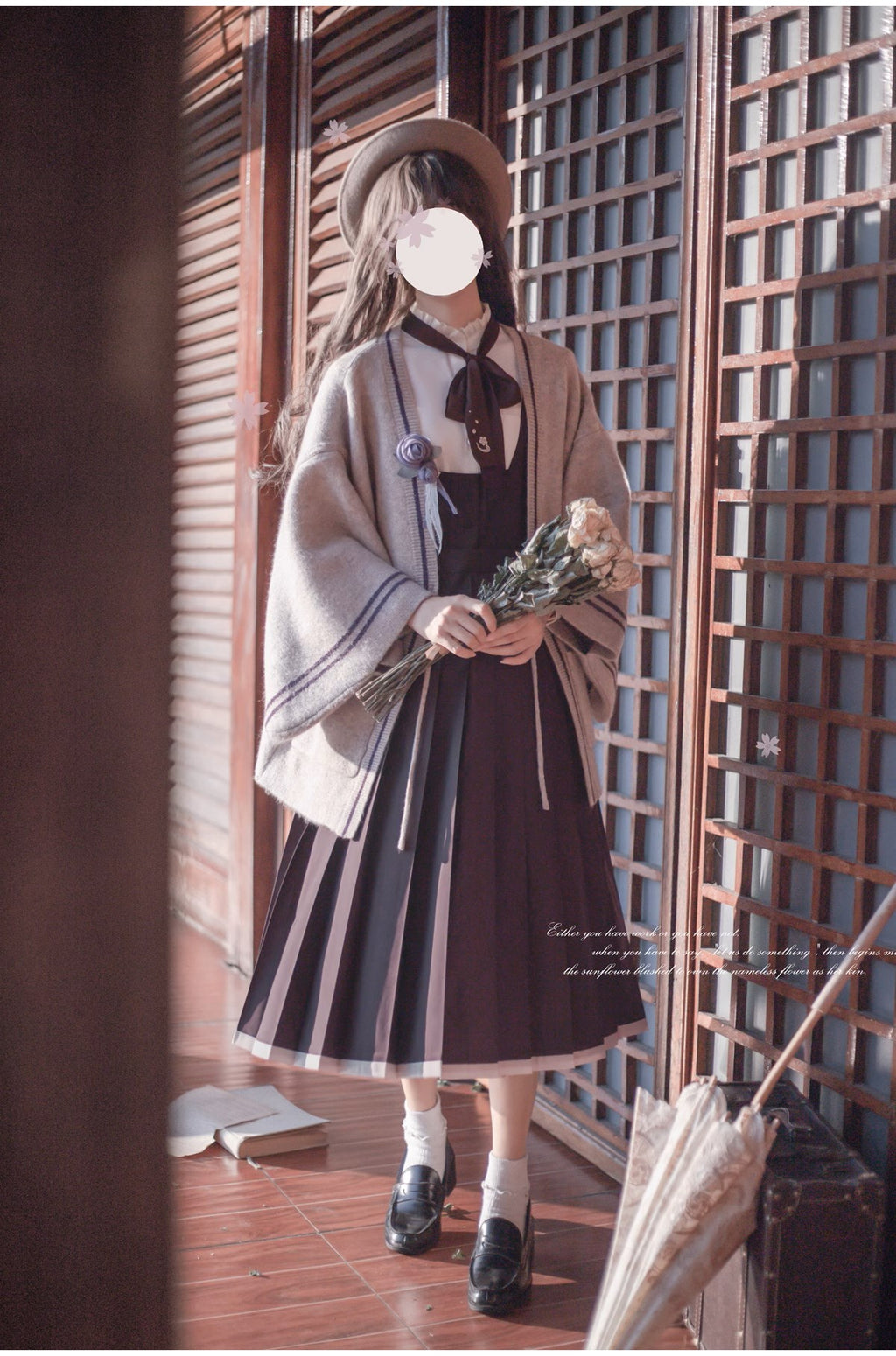 Japanese-style deep purple jumper skirt and blouse, haori, ribbon tie, corsage only