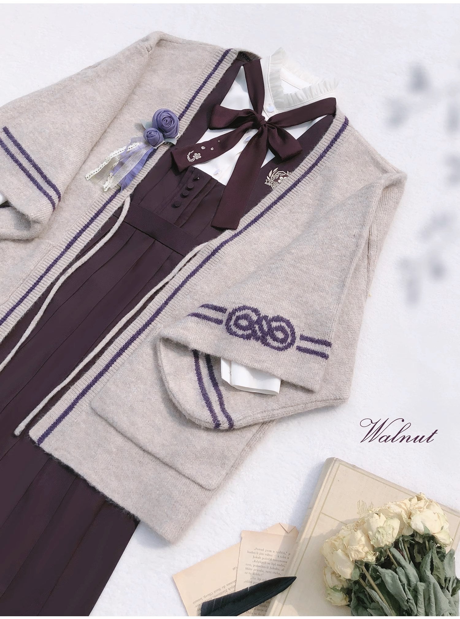 Japanese-style deep purple jumper skirt and blouse, haori, ribbon tie, corsage only
