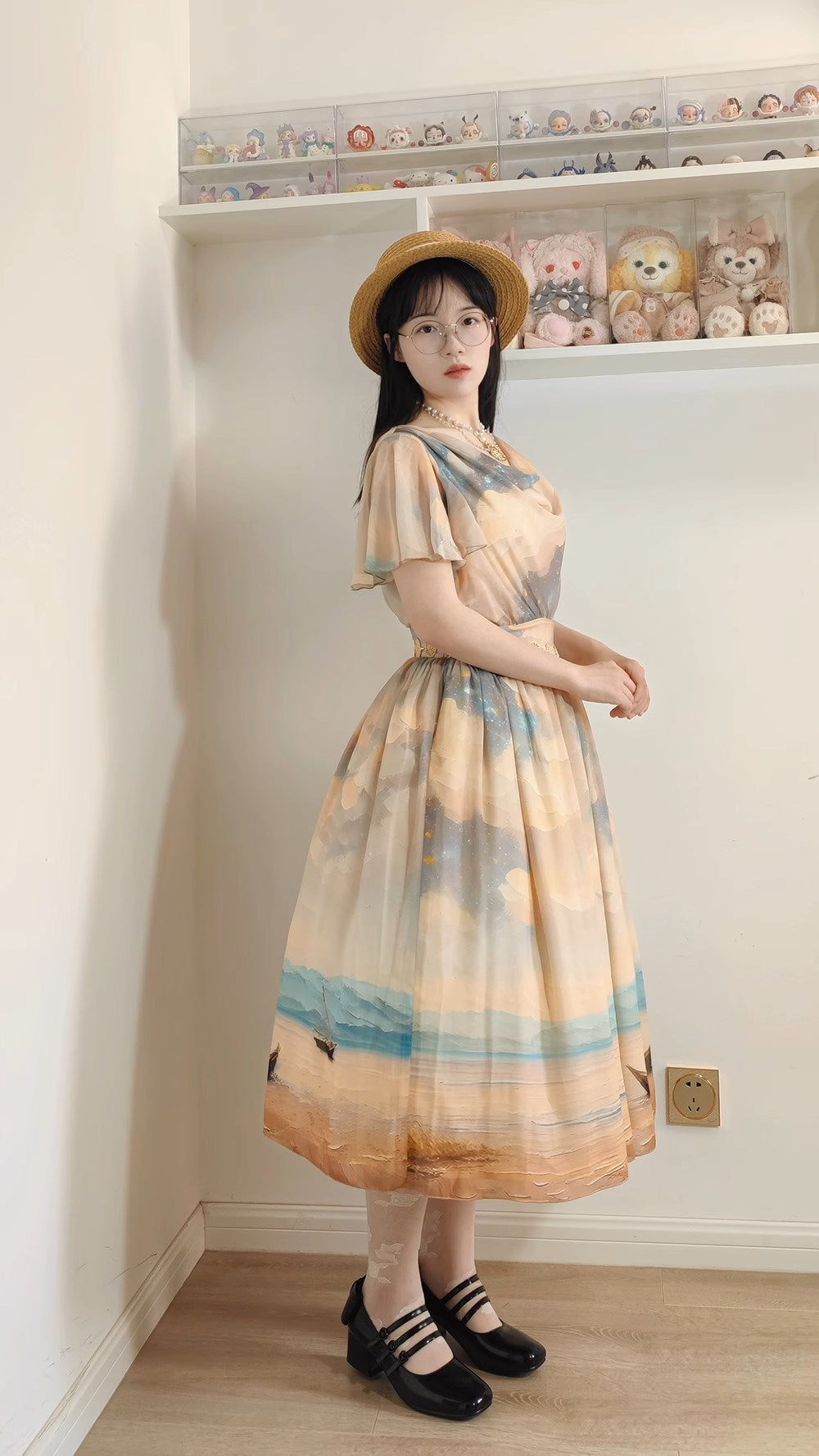 Elegance Greek Oil Painting Style Print Flare Sleeve Jumper Skirt
