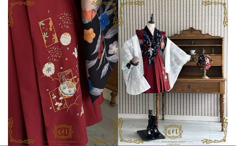 手毬刺繍の袴風サスペンダースカート