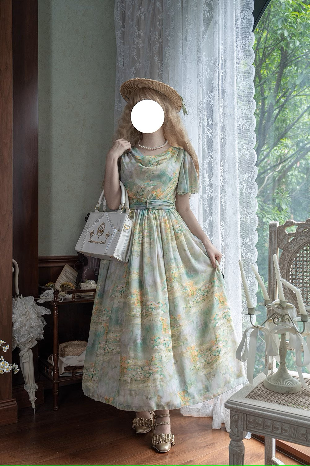 【予約販売】Elegance Greek 油彩画風プリントフレアスリーブジャンパースカート