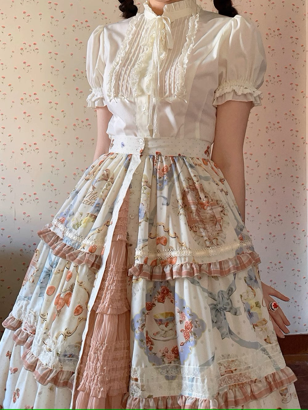 [Sale period has ended] Cat Rose Tea Party Open Front Long Skirt Flat Type