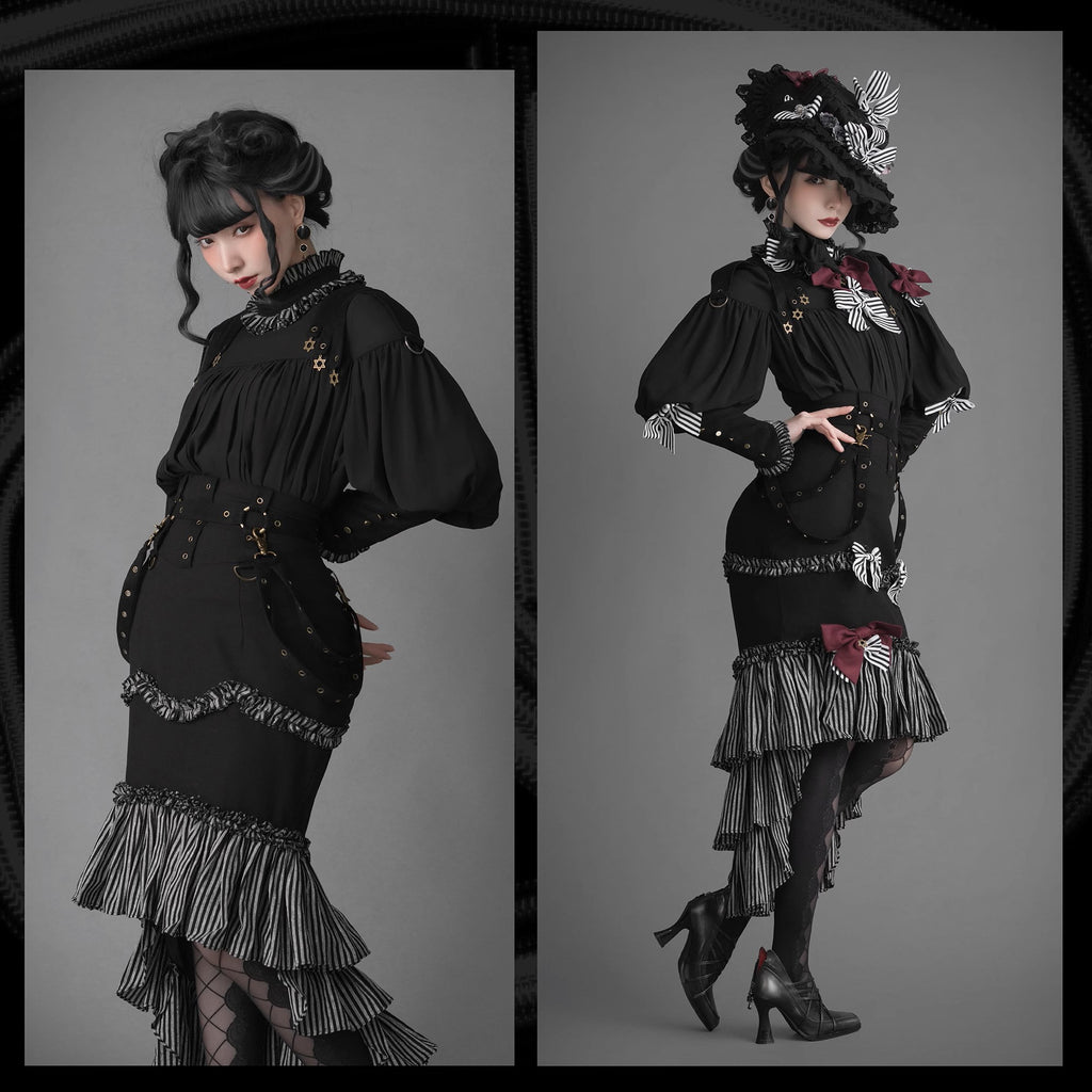 [Pre-order] Black &amp; Striped Retro Fishtail Skirt and Blouse