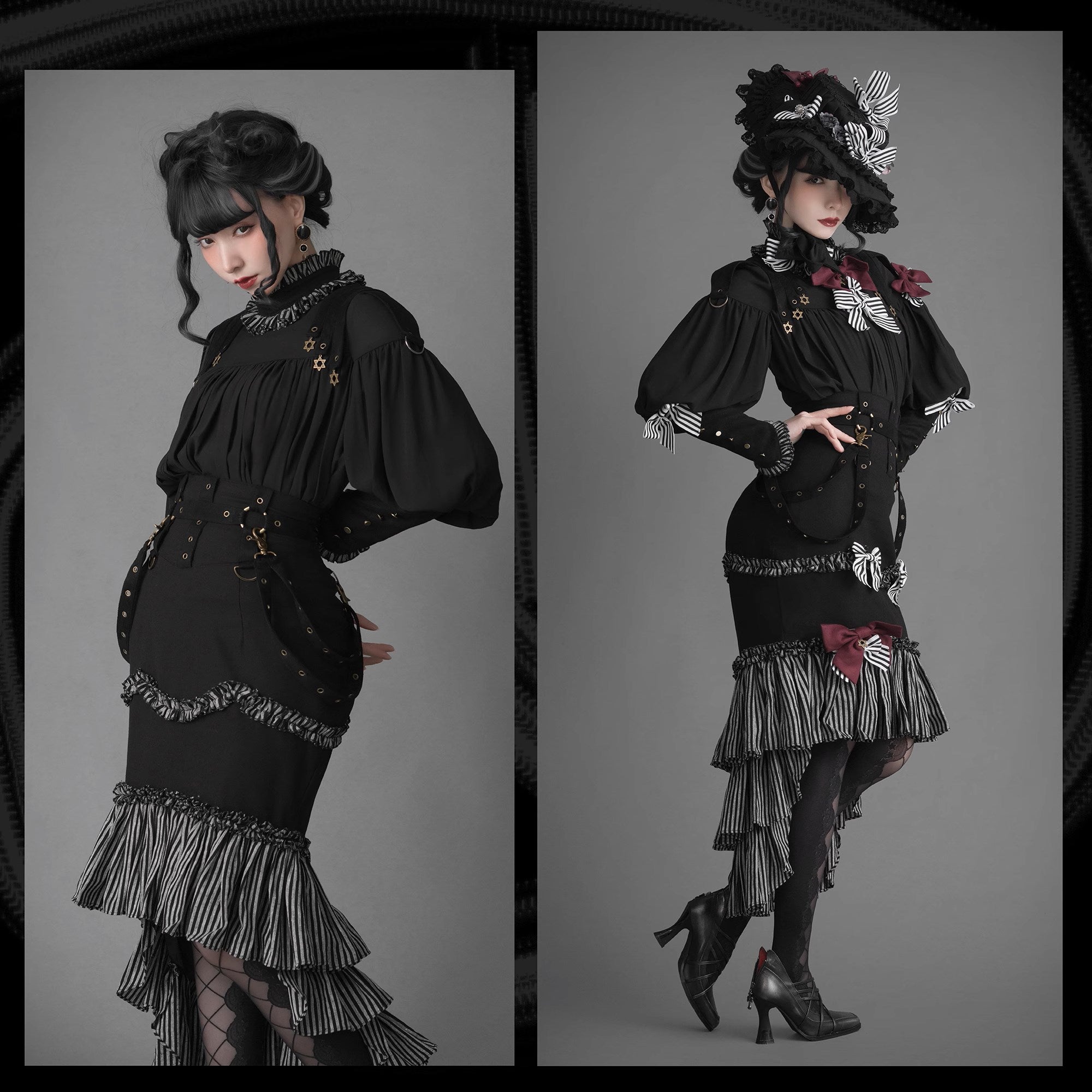 【予約販売】ブラック＆ストライプ レトロフィッシュテイルスカートとブラウス