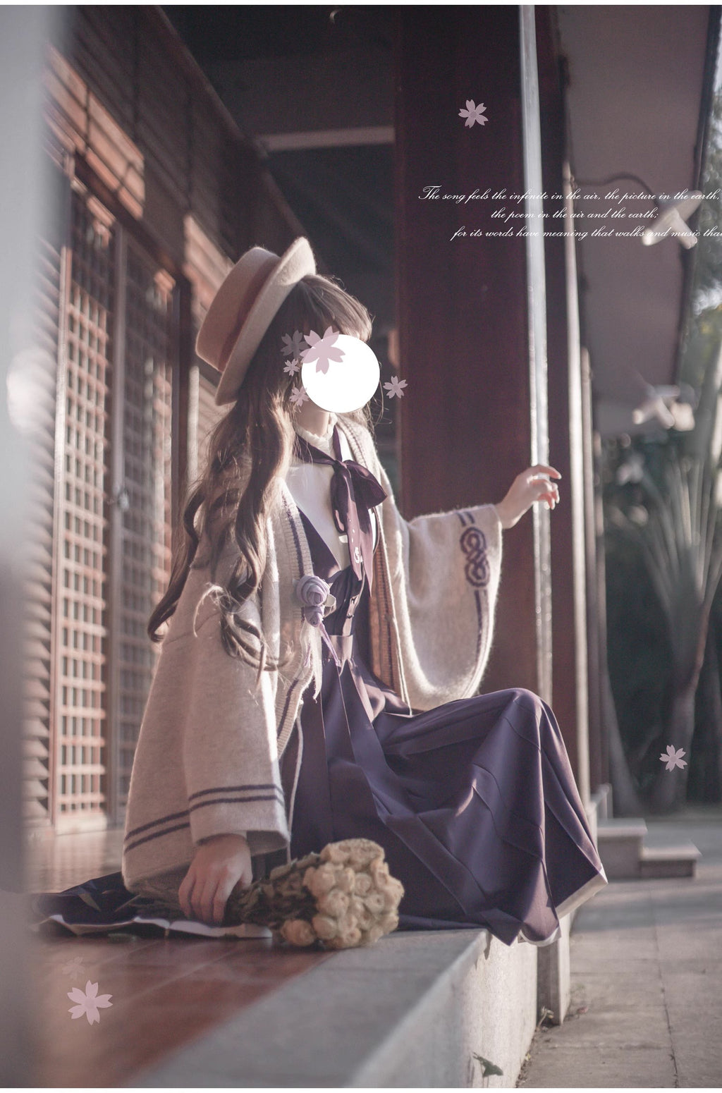 Japanese-style deep purple jumper skirt and blouse, haori, ribbon tie, corsage only