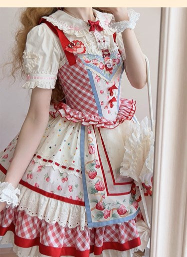 Strawberry Patchwork Jumper Skirt with Pocket Apron