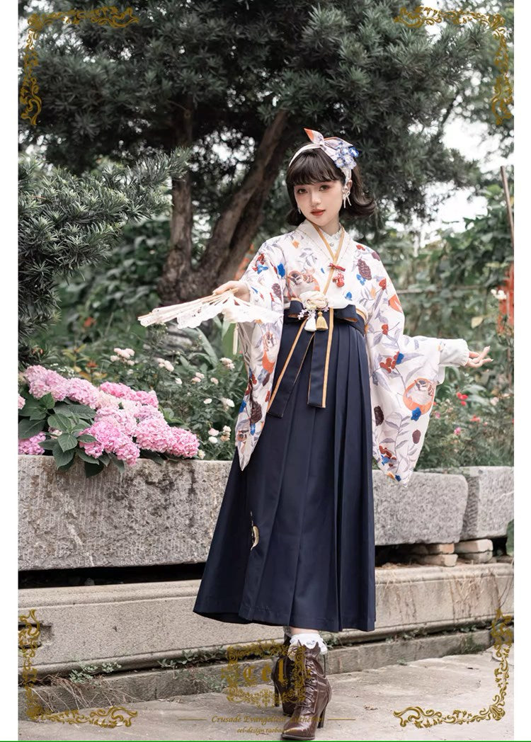 Camellia flower embroidery and butterfly hakama skirt