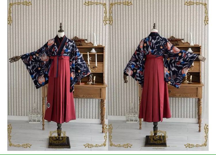 Camellia flower embroidery and butterfly hakama skirt