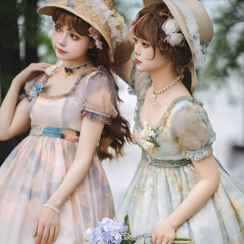 【予約販売】Elegance Greek 油彩画風プリントエンパイアワンピース フリルあり