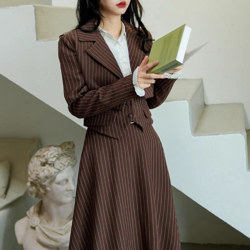 Coffee-colored vertical striped classic jacket, vest, and skirt