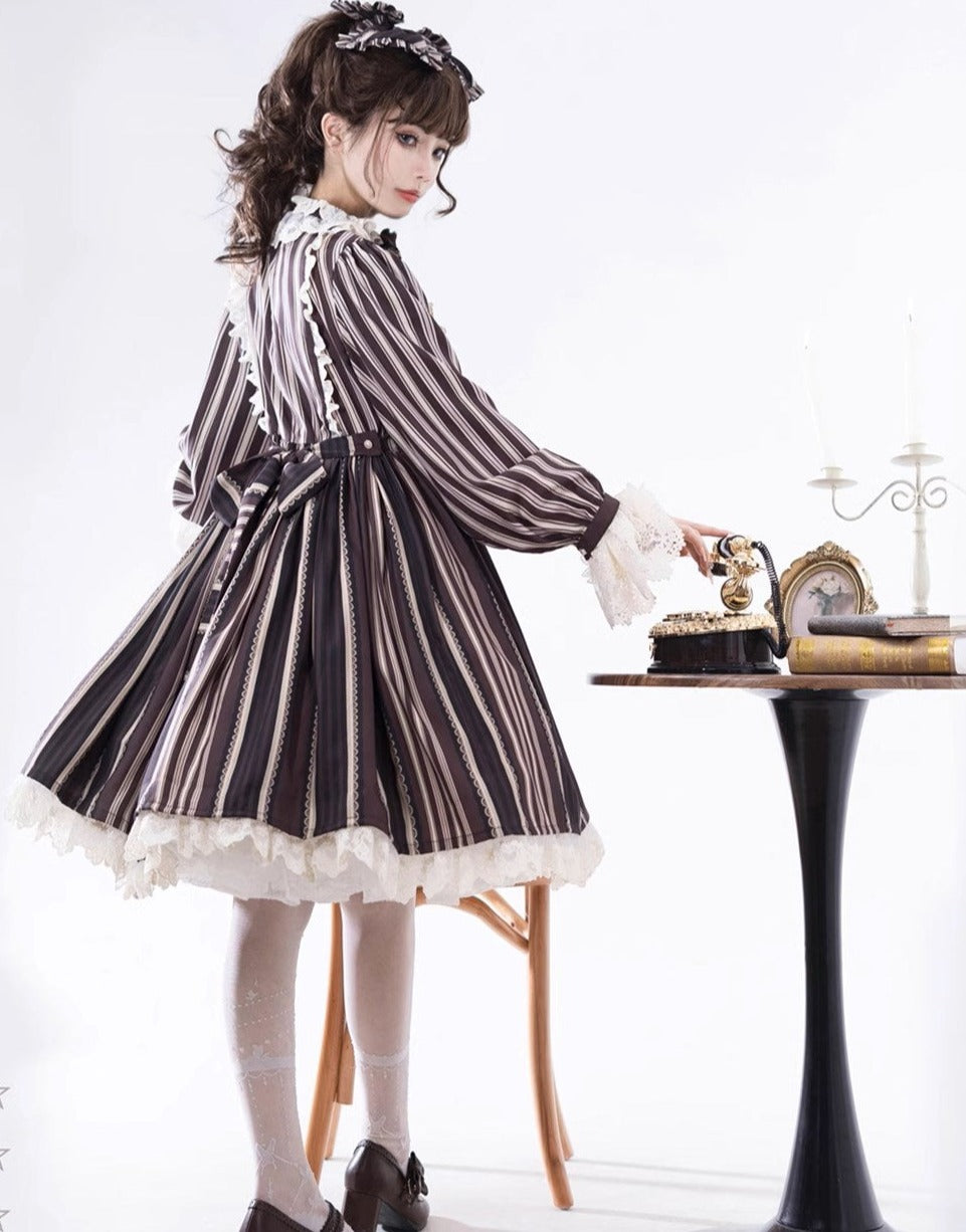 [Sale period ended] Stripes Story Brown dress with ribbon hair accessory