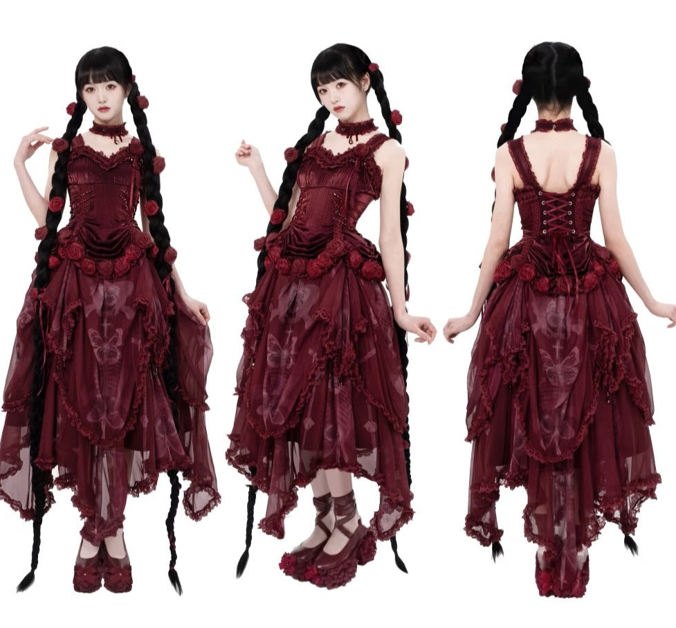 [Sale period ended] Rose Knight III Satin and organdy gothic dress [Wine red]