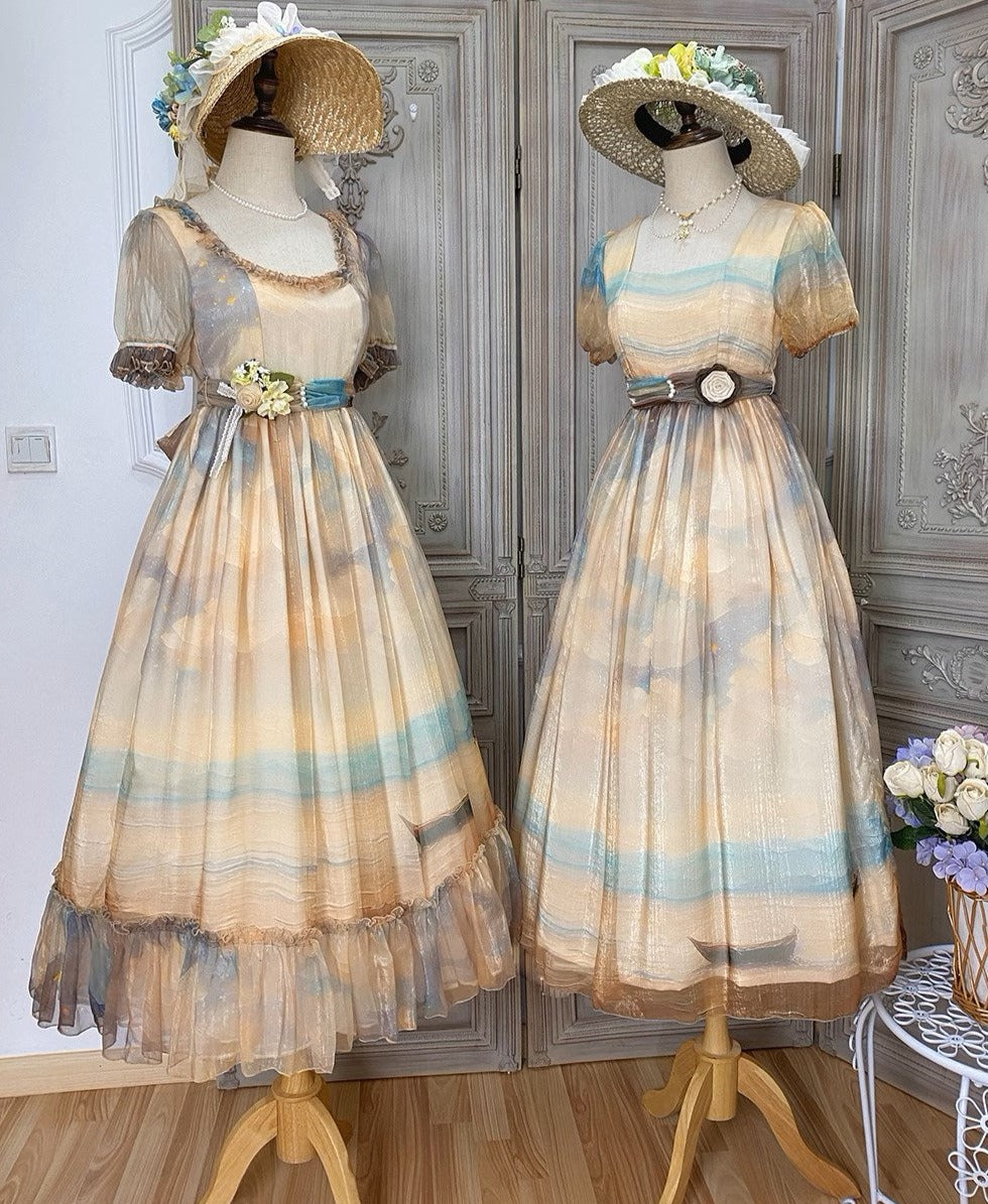 【予約販売】Elegance Greek 油彩画風プリントエンパイアワンピース フリルあり