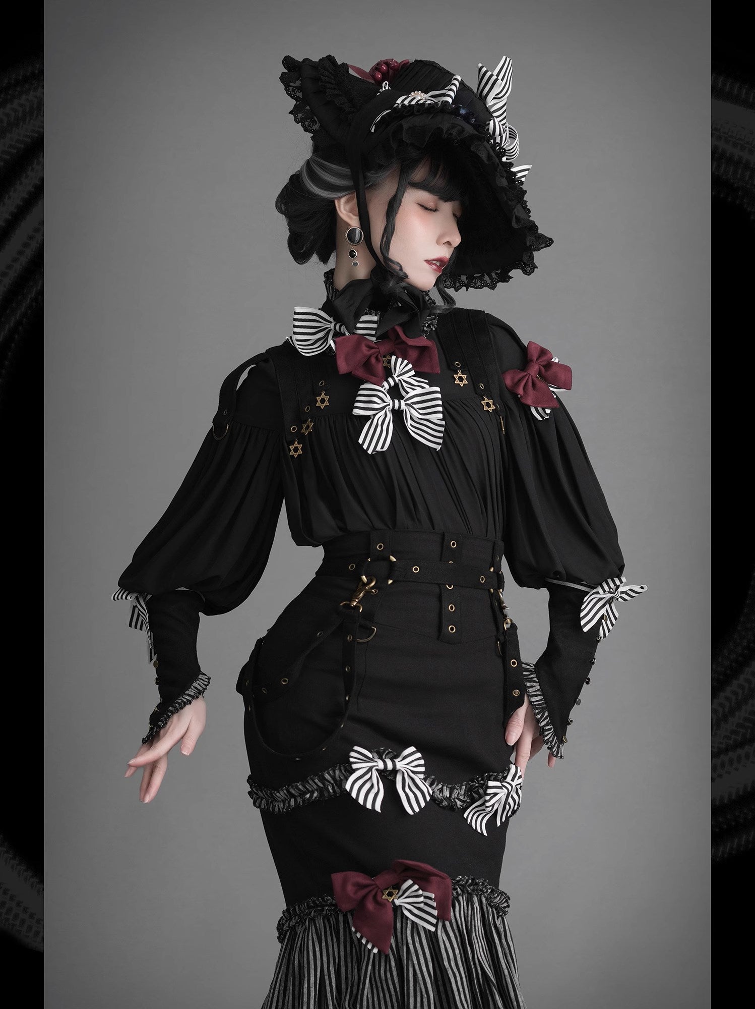[Pre-order] Black &amp; Striped Retro Fishtail Skirt and Blouse