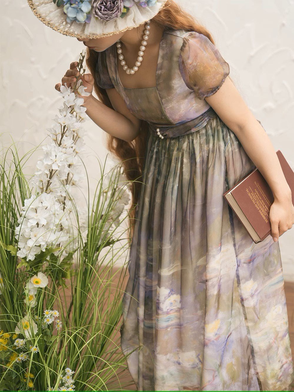 【予約販売】Elegance Greek 油彩画風プリントエンパイアワンピース フリルなし