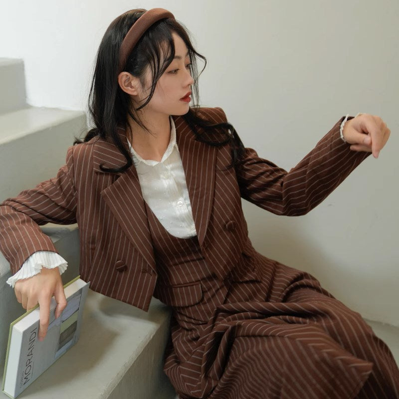 Coffee-colored vertical striped classic jacket, vest, and skirt