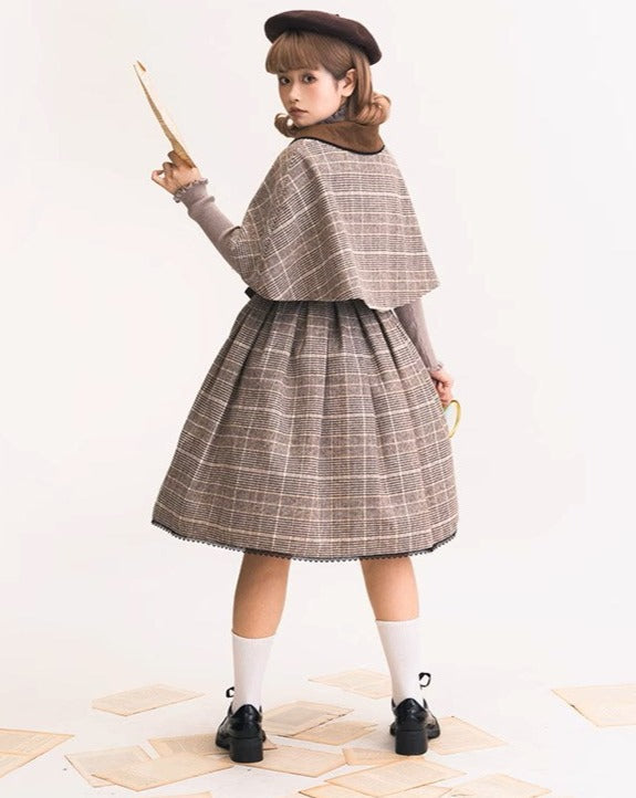 【予約販売】Earl Gray チェックのジャンパースカート・マント・ベレー帽セット