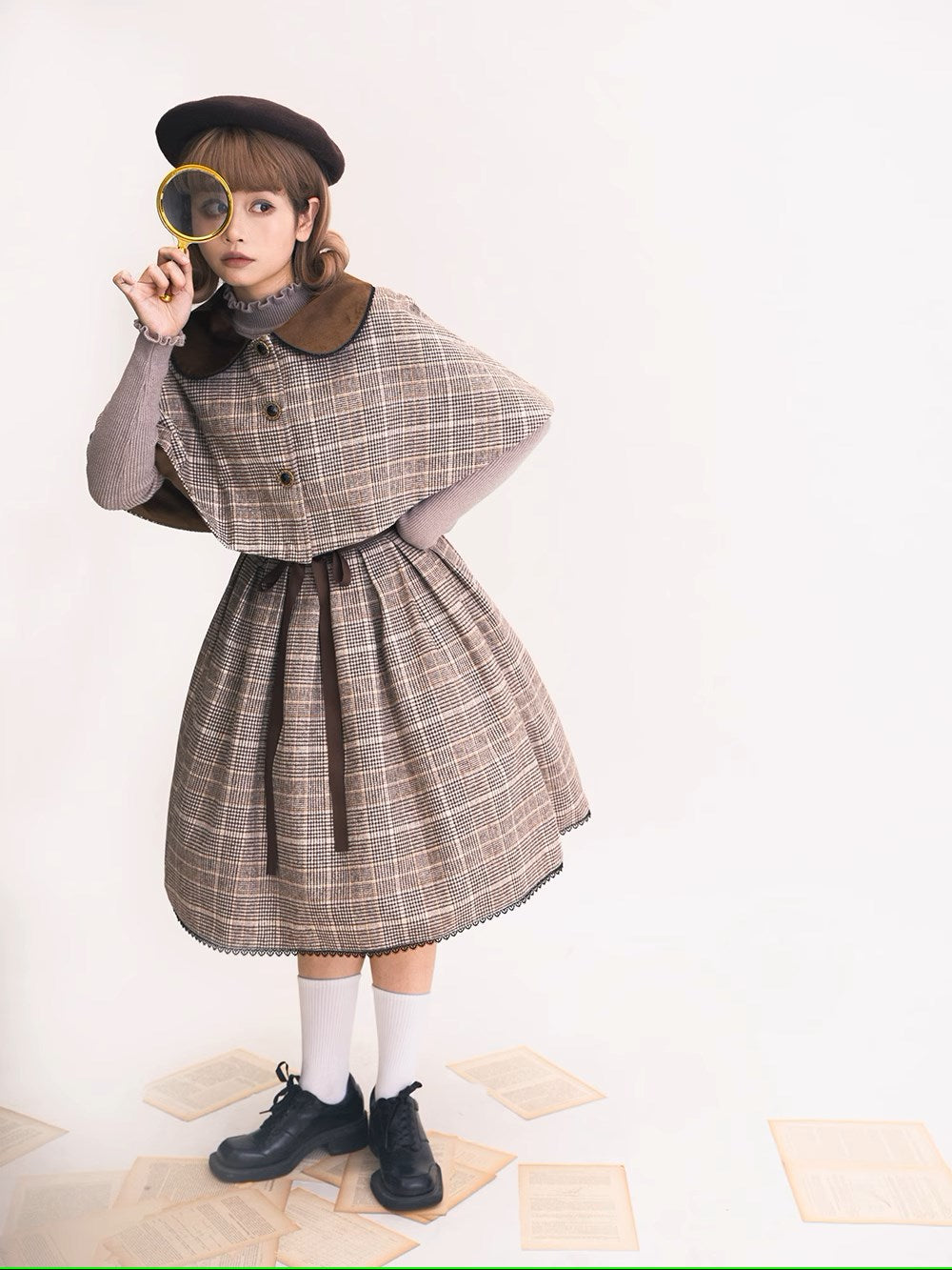 【予約販売】Earl Gray チェックのジャンパースカート・マント・ベレー帽セット