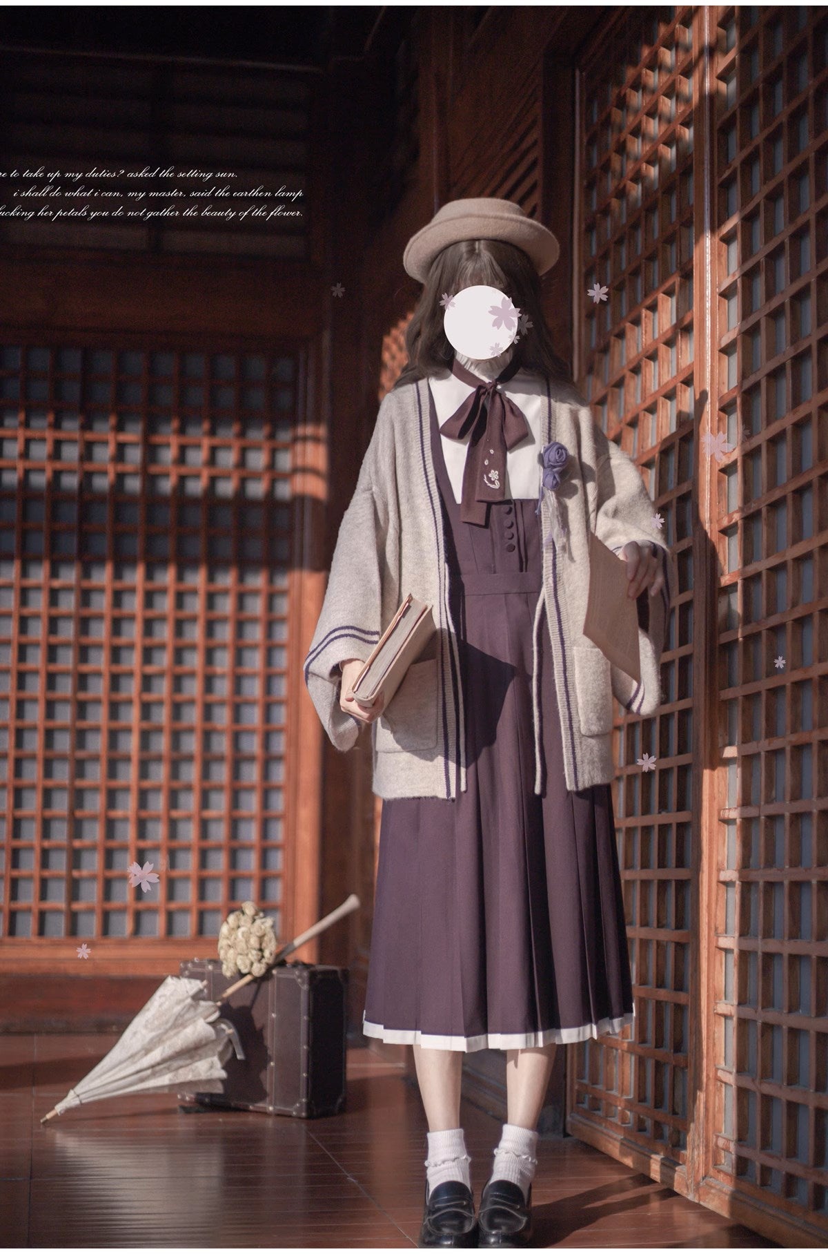 Japanese-style deep purple jumper skirt and blouse, haori, ribbon tie, corsage only