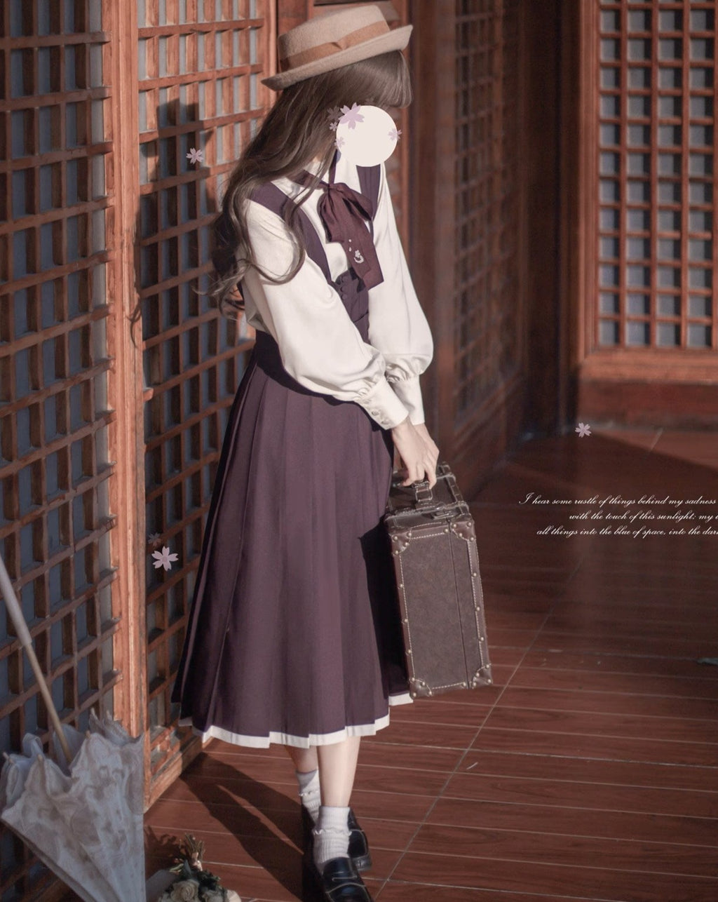 Japanese-style deep purple jumper skirt and blouse, haori, ribbon tie, corsage only
