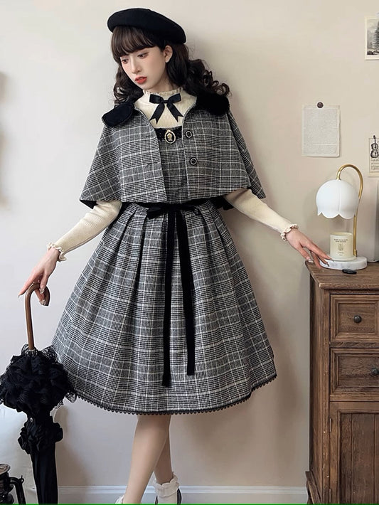 Earl Gray checked jumper skirt, cloak and beret set