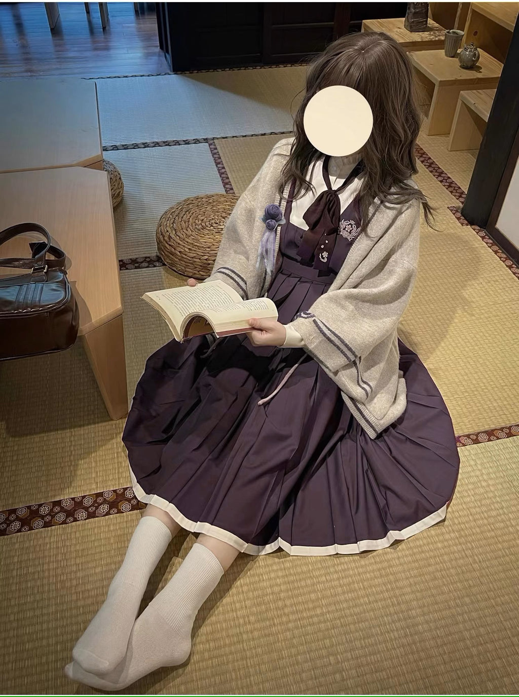 Japanese-style deep purple jumper skirt and blouse, haori, ribbon tie, corsage only
