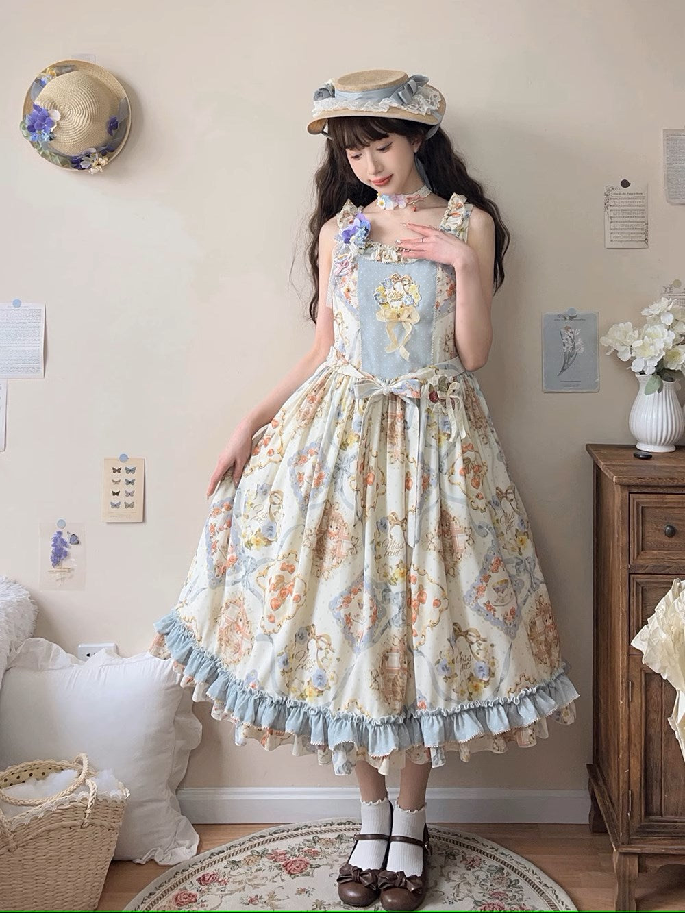 [Sale period has ended] Cat Rose Tea Party Jumper Skirt 3 Piece Set Embroidery Type