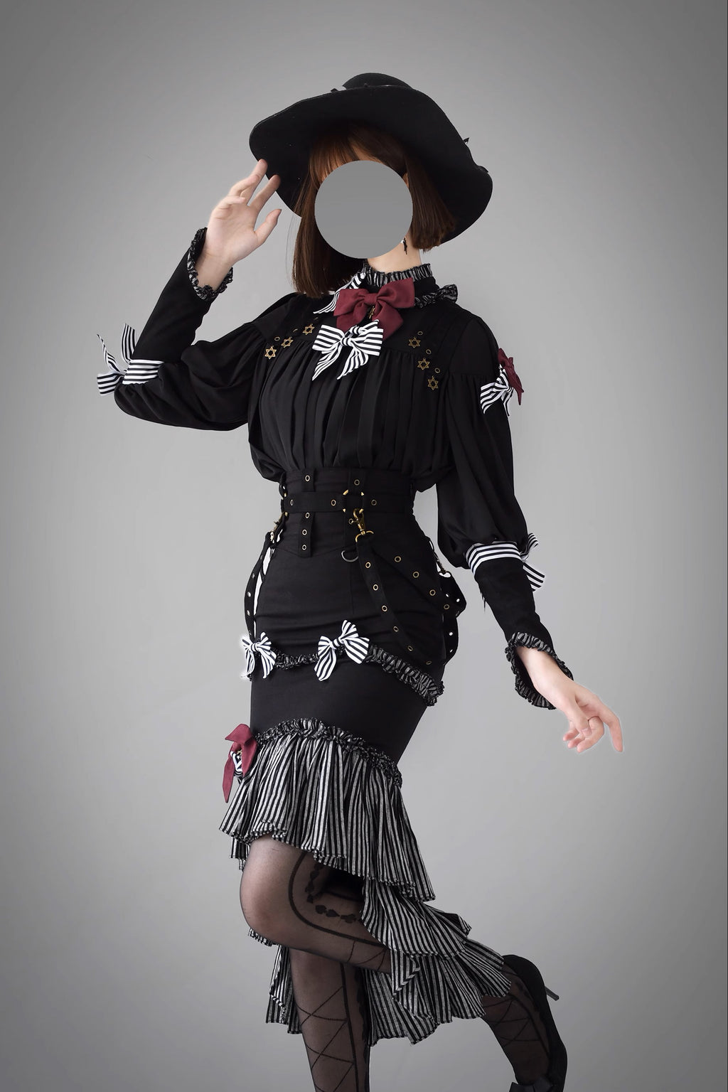 [Pre-order] Black &amp; Striped Retro Fishtail Skirt and Blouse