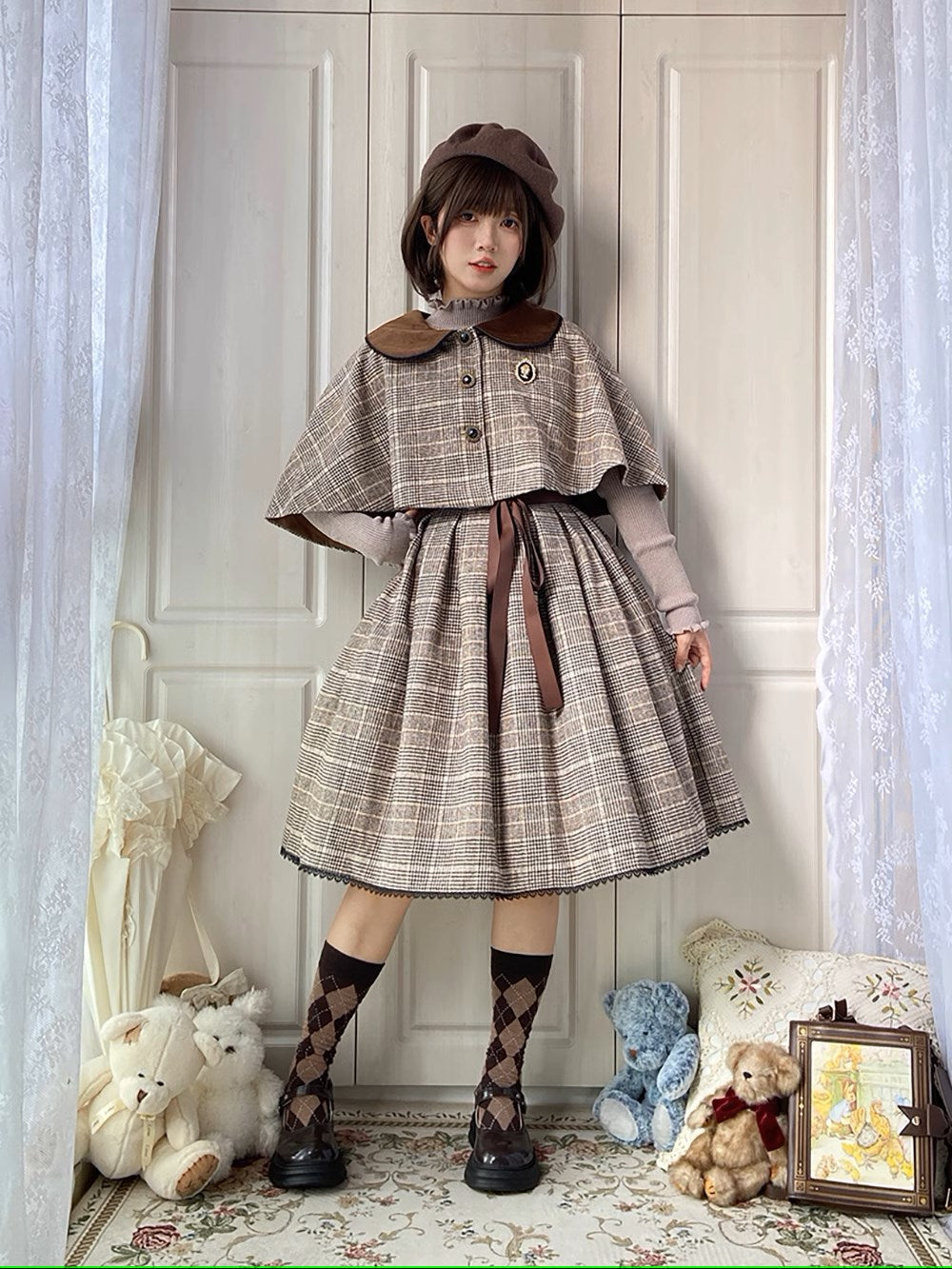 【予約販売】Earl Gray チェックのジャンパースカート・マント・ベレー帽セット