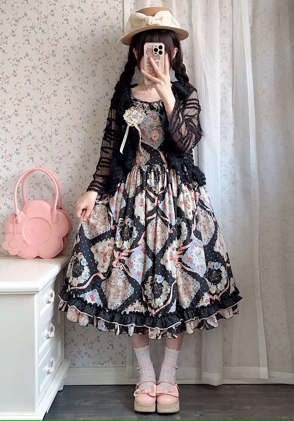 [Sale period has ended] Cat Rose Tea Party Jumper Skirt 3 Piece Set All Print Type